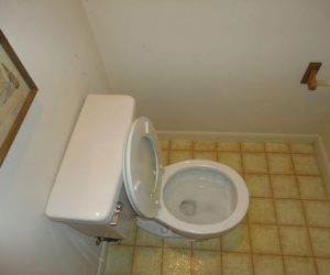 White toilet with open lid in a small bathroom with yellow-tiled floor and empty toilet paper holder on the wall.