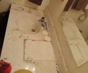 Dirty bathroom sink and countertop with stains, a bowl, a mug, and cleaning items; towels hang on the wall above.