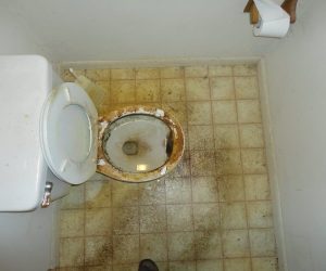 Dirty toilet with heavy stains on the seat and floor, seen from above in a small bathroom with white walls.